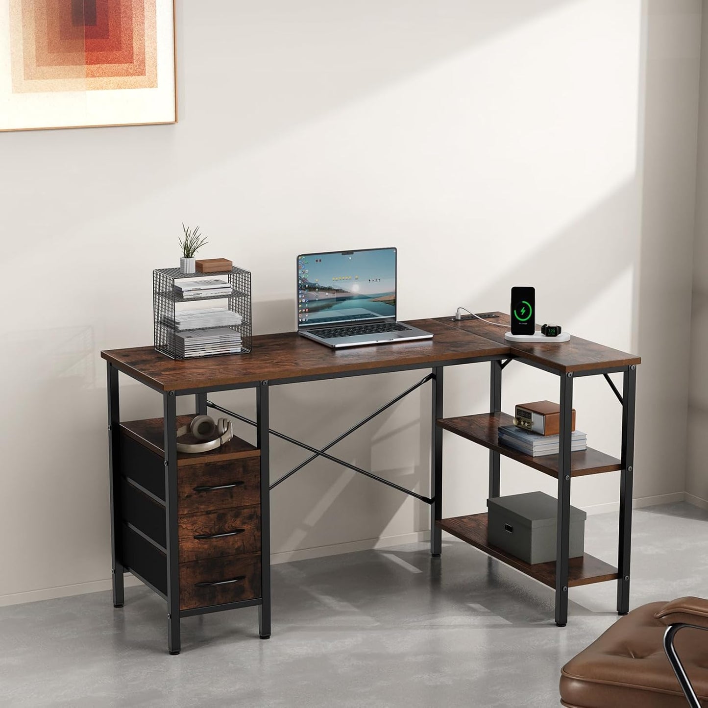 Simple Deluxe L Shaped Gaming Desk with Power Outlets, 47 Inch Computer Desk with 3 Drawers, Shelves, Corner Computer Desk for Gaming, Corner Work, Home Office, Study, Rustic Brown