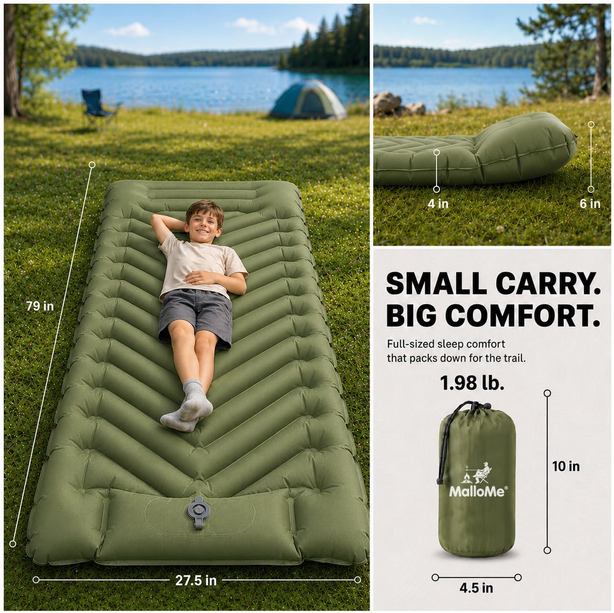MalloMe Camping Mattress Sleeping Pad for Camping - Bed for Outdoors Self-Inflating Air Mattress for Backpacking Leak-Resistant Inflatable Travel Mat w/Foot Pump Compact Ultralight Single & Double