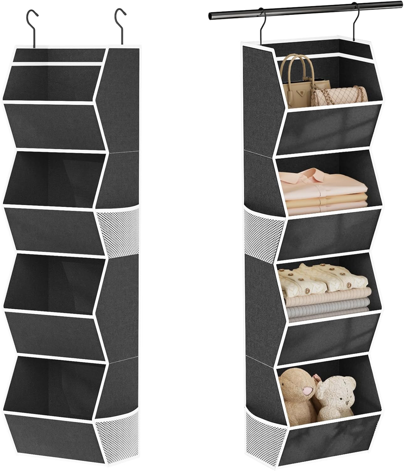 Hanging Closet Organizer 4 Shelf Collapsible Bedroom Closet Organizers and Storage Hanging with Mesh Pockets for Clothes, Fabric Hanging Storage Bins for Wardrobe Closet Organization and Storage, Grey