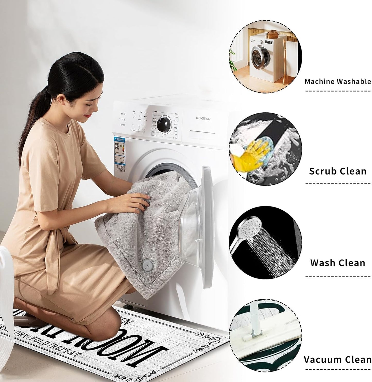 Non-Slip Rubberback Laundry Room Rug Runner 20''x47'' - Kitchen Farmhouse Decor Floor Laundry Mats for Mudroom and Bathroom Carpet Machine Washable Waterproof, White