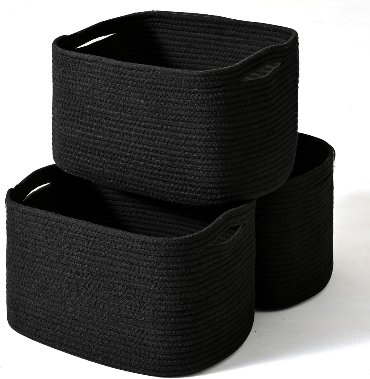 ICERZCZ Black Storage Baskets for Organizing Shelves, Toy Basket for Nursery, Woven Cotton Rope Basket for Decor, Towel Baskets for Bathroom, 15"x11"x9.5", 3 Packs, Black
