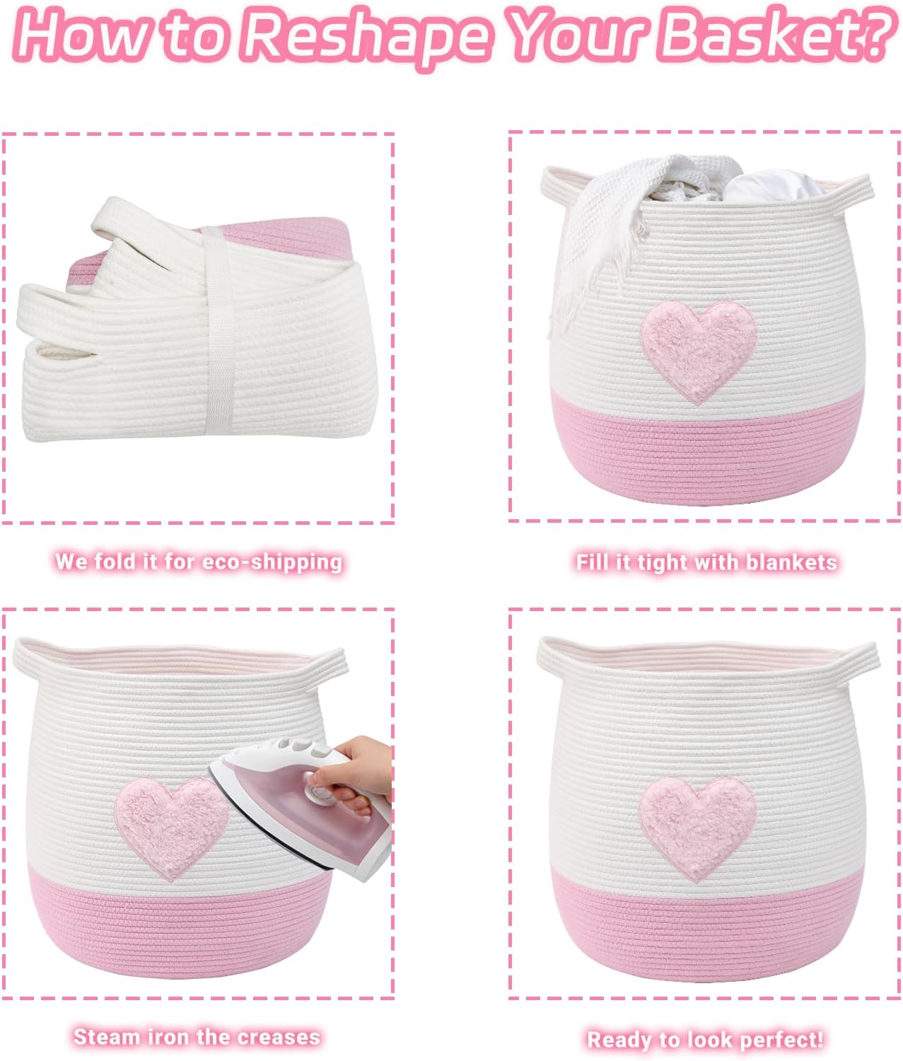 Large Cotton Rope Basket, Woven Storage Basket for Toy, Laundry and Blanket Organizer Basket, Round Hamper Basket with Handles for Kid's Room 17.7"x16.9" (Pink Heart)