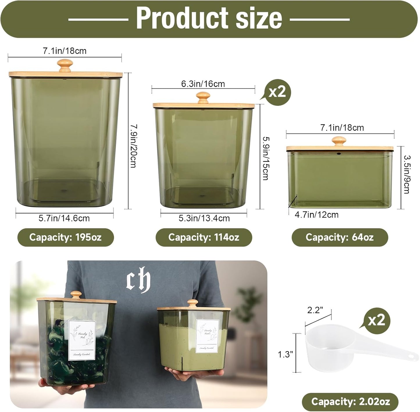Zingbee 4 Pack Laundry Pods Container & Dryer Sheet Holder, Plastic Pod Holder with Lids & Scoops, Laundry Room Organization and Storage Sets for Powder, Detergent, Scent Booster