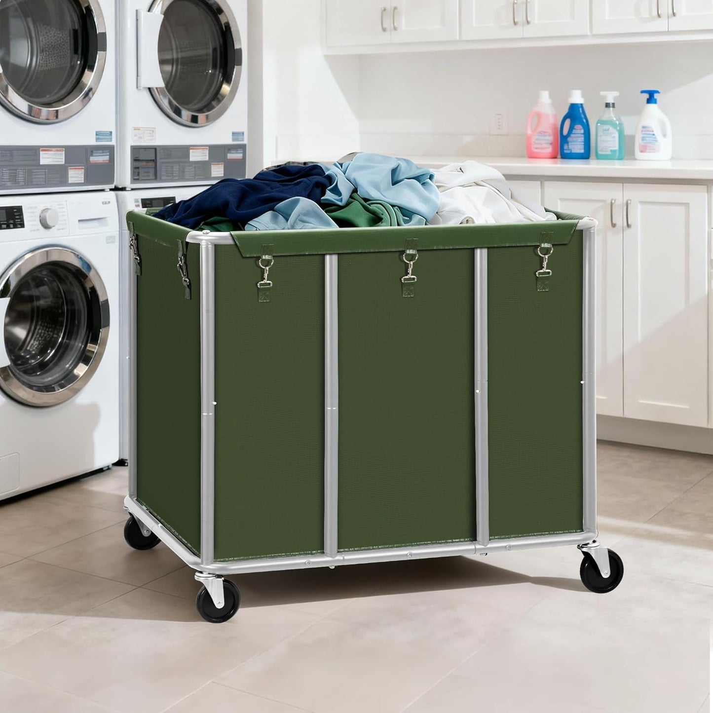STO STO Commercial Laundry Cart with Lockable Wheels, Large 420L Industrial Rolling Laundry Hamper with Steel Frame, Removable Waterproof Bag, 400 lbs Capacity for Hotels, Hospitals, Factories, Green