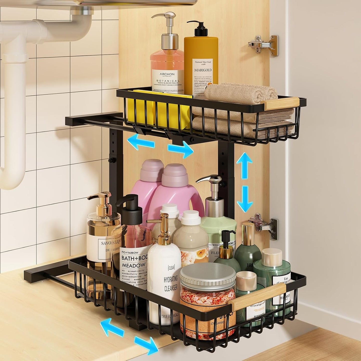 REALINN Under Sink Organizer, Height Adjustable 2 Tier Pull Out Cabinet Storage, L-Shaped Drawer Organizer for Kitchen Sink Organizer, Bathroom Organizers and Storage, Smooth Sliding Rails, Black