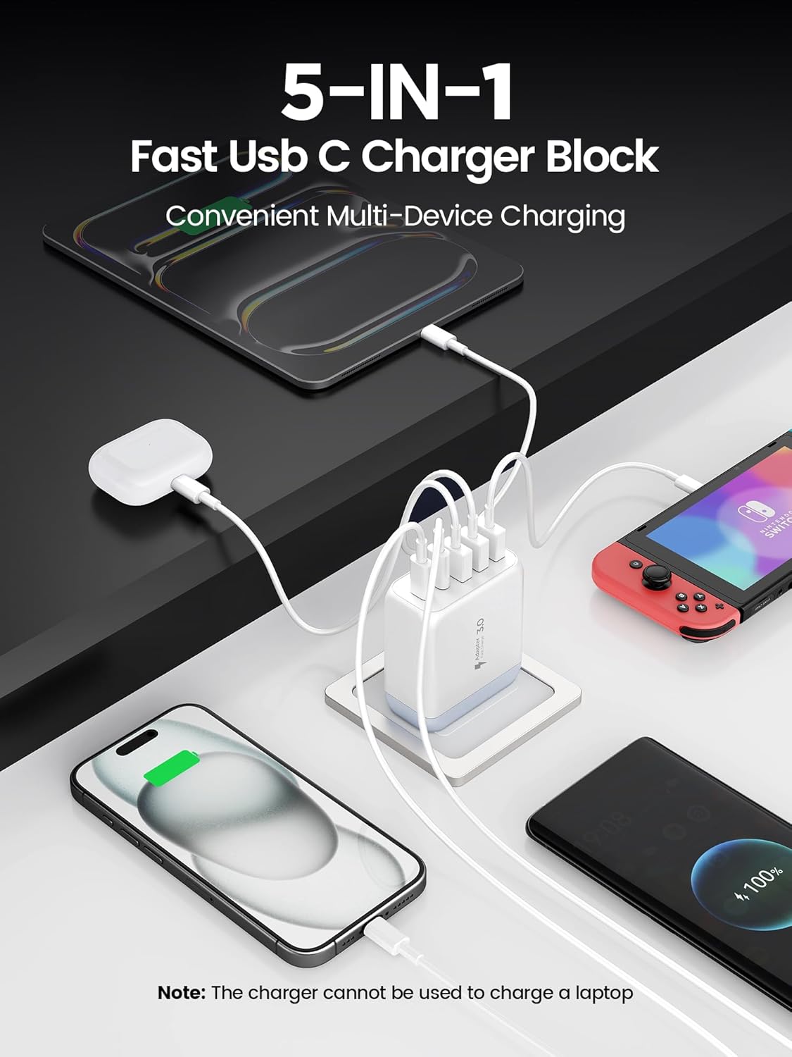 EIZLXQ USB C Charger Block,50W 5-Port Fast Wall Charger,Dual Type-C & USB-A Multiport Charging Cube for iPhone 17/16/15/14/13 Pro Max,iPad,Samsung Galaxy–2 Pack,White