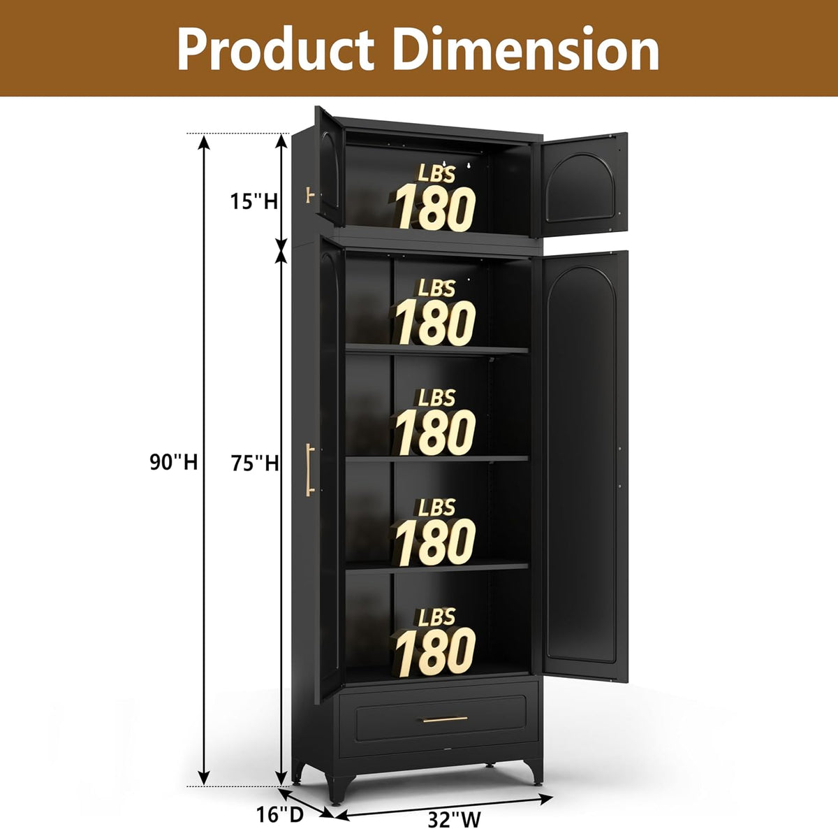 Polup Kitchen Pantry Cabinet, 90" Tall Metal Storage Cabinet with Drawer | Black Heavy-Duty Steel Cupboard, 4 Doors, 3 Adjustable Shelves, Magnetic Latch, Gold Handles, for Dining Living Room, Laundry