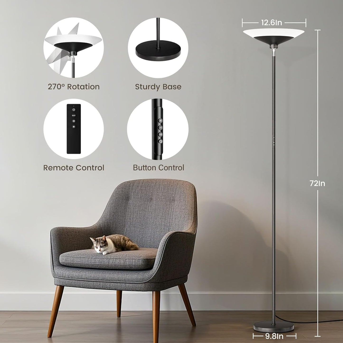 SIBRILLE Torchiere Floor Lamp - 72" Tall LED Standing Lamp with Remote/Button Control, 1800Lm, 3000-6500K, 30W Dimmable Modern Corner Floor Light for Living Room Bedroom Office Apartment, Black