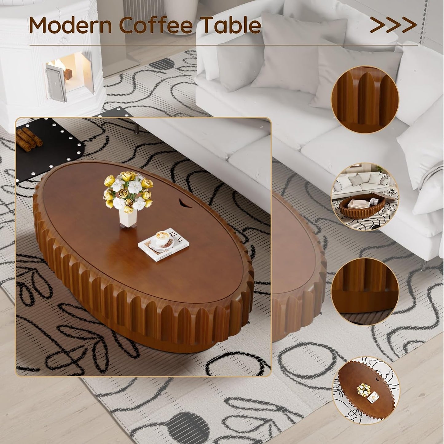43.3'' Oval Coffee Table with Storage for Living Room, Modern Oval Drum Fluted Coffee Table with Wood Veneered Circle Center Tables for Small Space Apartment (B)