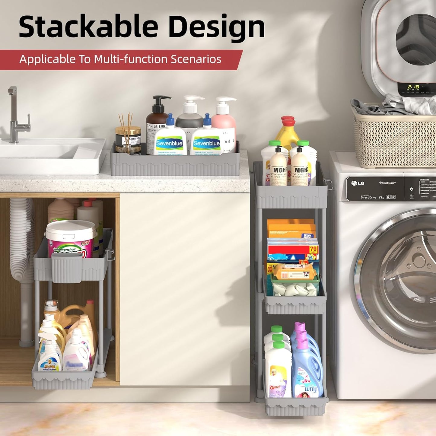 Sevenblue Under Sink Organizer, Bathroom Organizers and Storage, 2 Tier Multi-Use Pull Out Cabinet Organizer with Hang Hooks and Cups (Gray, 4 Pack)