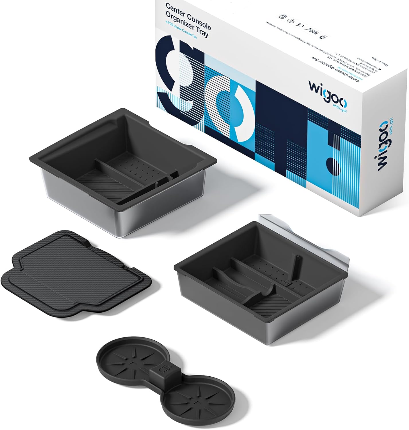 Wigoo Center Console Organizer for Tesla Model Y Juniper (Only Premium & Performance 2025 2026) and All Model 3 Highland Accessories [Double-Layer Storage, Smooth Sliding] 4PCS Black
