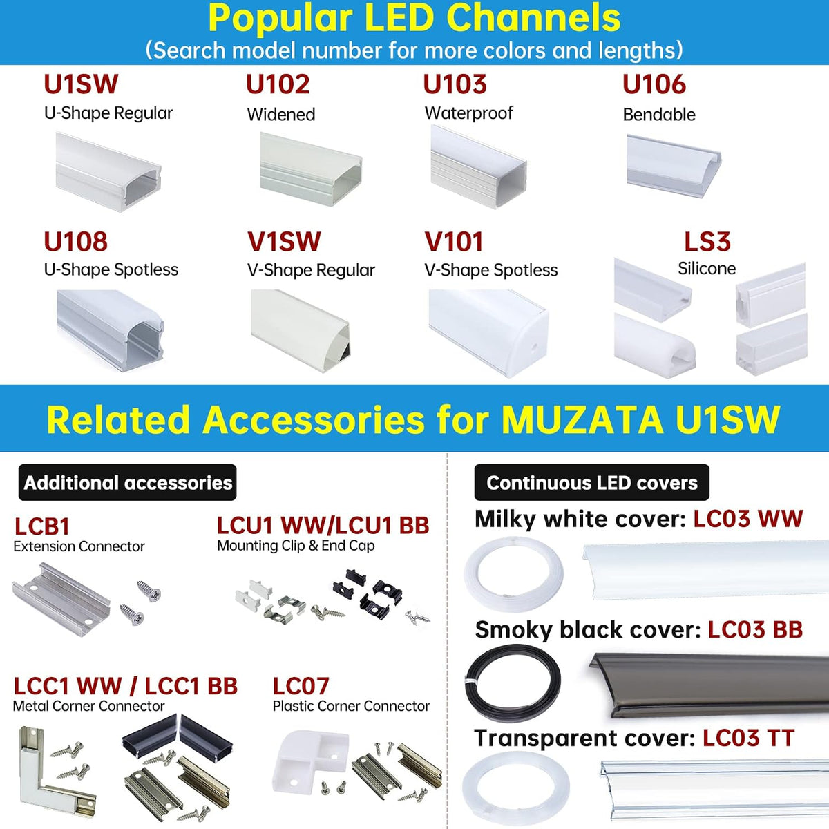 Muzata 10Pack 6.6FT Black LED Strip Channel with Milky Diffuser U1SW BW