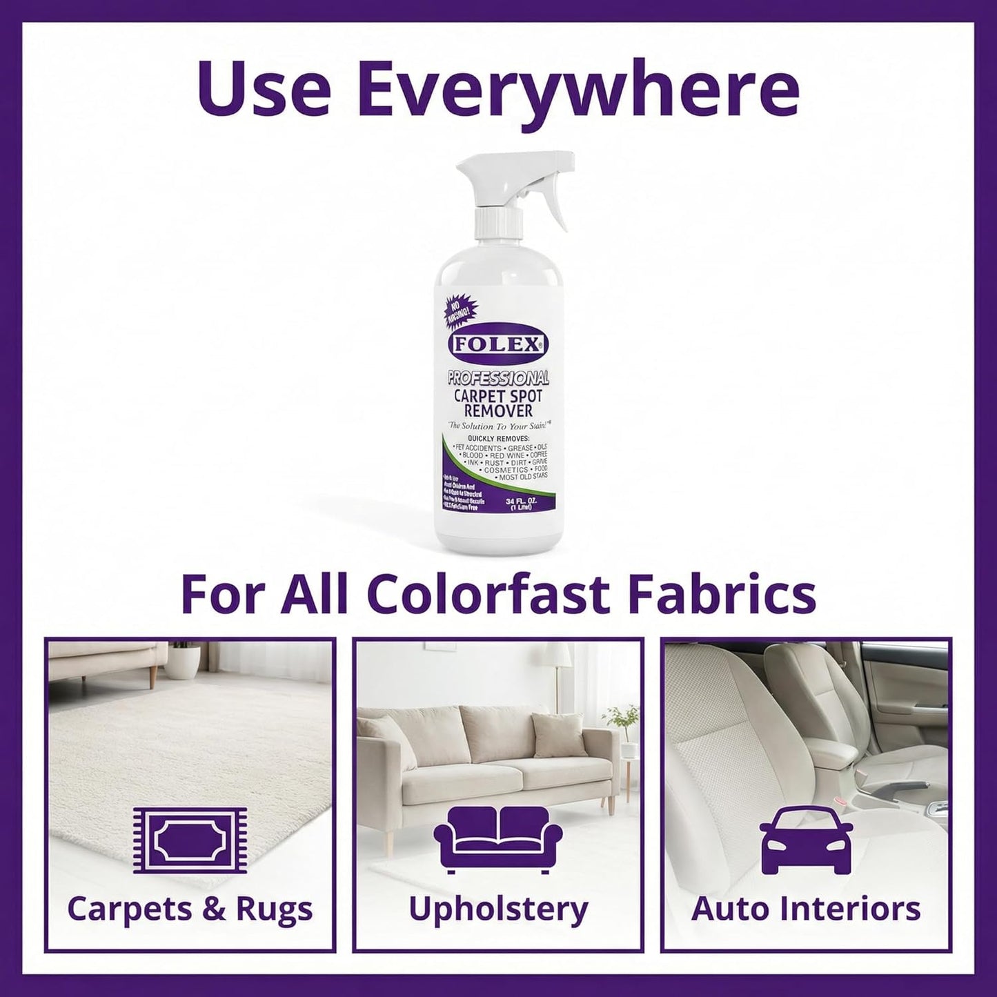 FOLEX - Professional Carpet Cleaner Spray 34 oz - Pet Stain Removal - Instant Stain Removal - No Rinsing Required - Safe for Pets - Works on All Fabrics