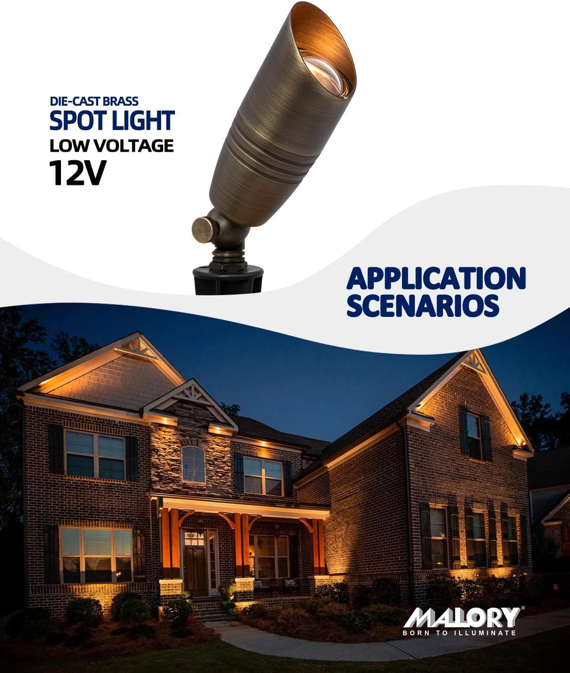 MALORY Brass Landscape Spotlights 4-Pack with Bulb Kit(S02), Low Voltage 12V AC/DC LED Outdoor Spot Uplights for House and Tree,PVC Ground Stake and Wire Connector Included, 5W 2700K Warm White