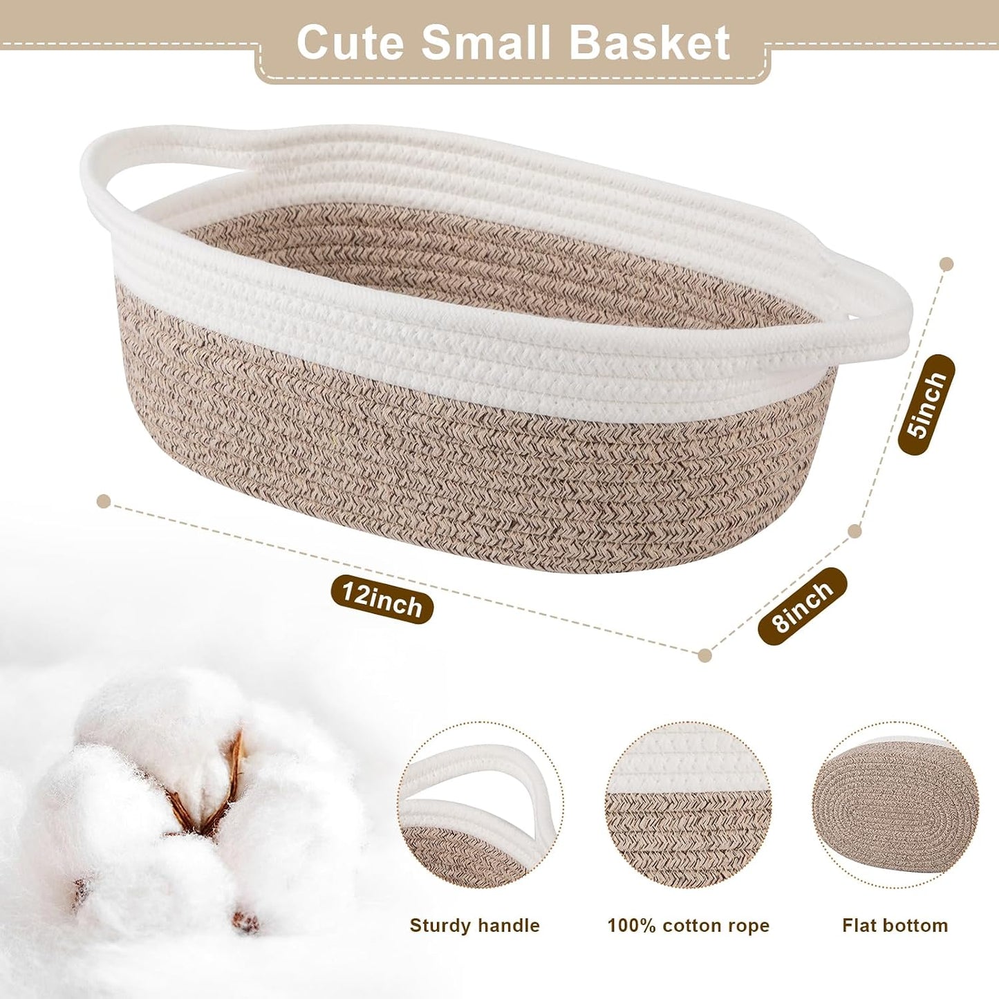OIAHOMY Gift Basket Empty with Handle, 12"x 8"x 5" Small Woven Basket with Gift Bag, Ribbon and Wrap Tissue Paper, Dog Toy Storage for Organizing - Brown & White