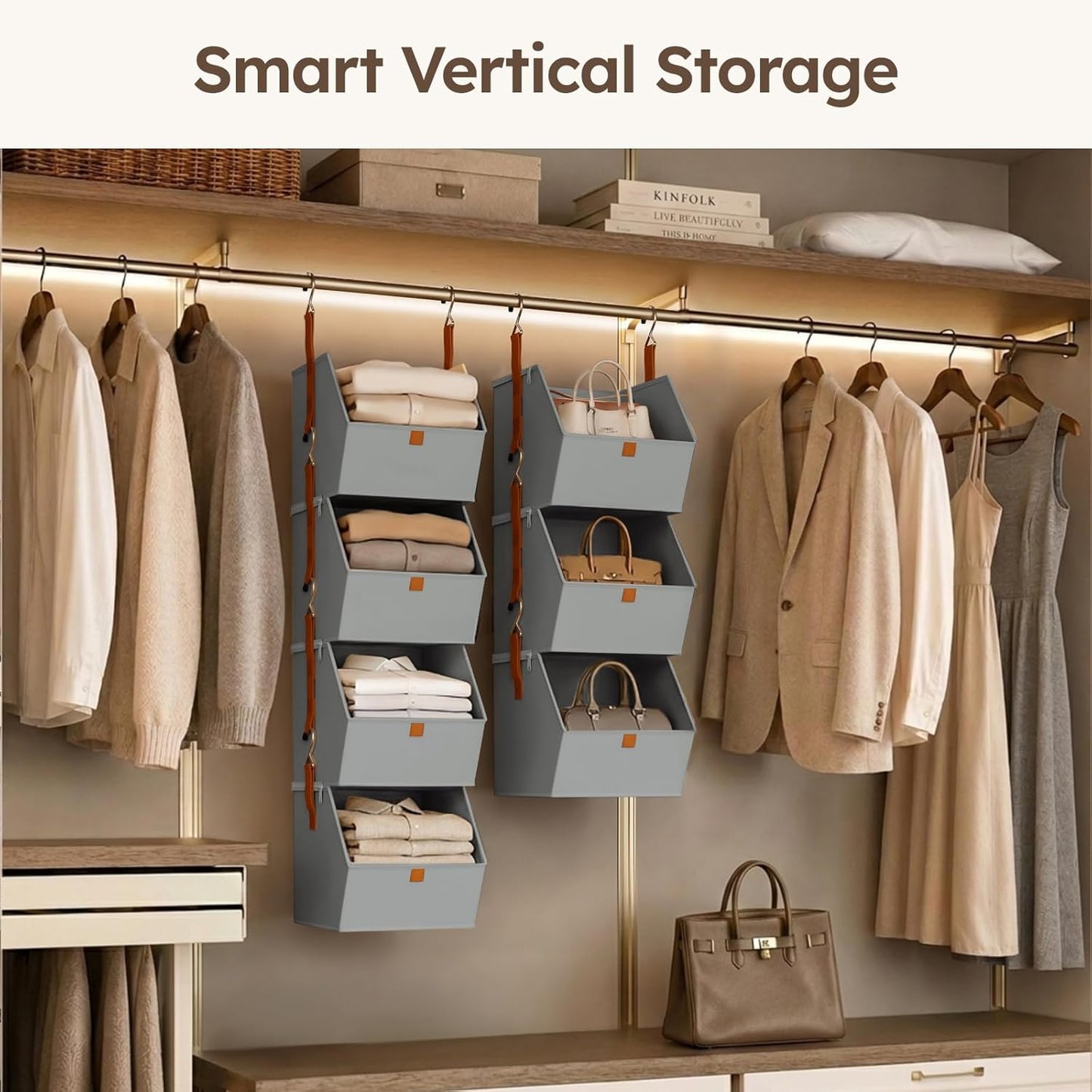 Homsorout Hanging Closet Organizer 4 Tier - Clothes Hanging Shelves, Space-Saving Closet System, Fabric Storage Bins Bedroom Organization, Collapsible Baskets for Home, Dorm, Rv, Grey