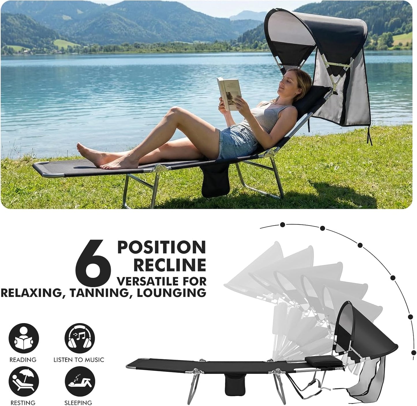 Backpack Beach Tanning Lounge Chair with Canopy Shade Face Hole Padded Adjustable Washable, 6 Position Layout Chair for Outside Sunbathing Poolside Lawn, UPF 50+ Wind-Resistant Sun Shade, Patented