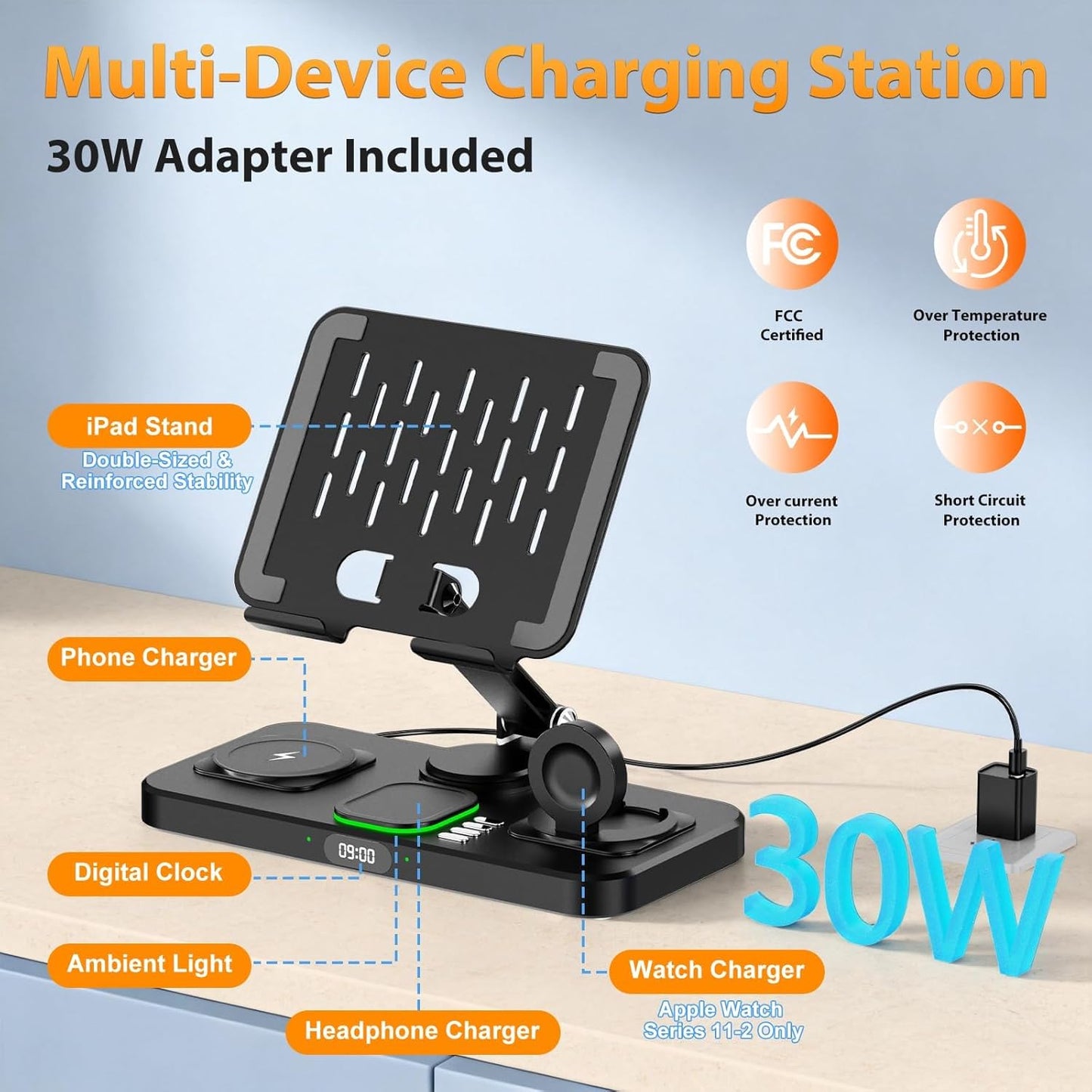 Wireless Charging Station for Apple Devices, Only for Apple Watch Charging | Included Type-C Cable for Tablet Charging, Foldable Wireless Charging Station, 7 Cycling Ambient Lights, Time Clock Display
