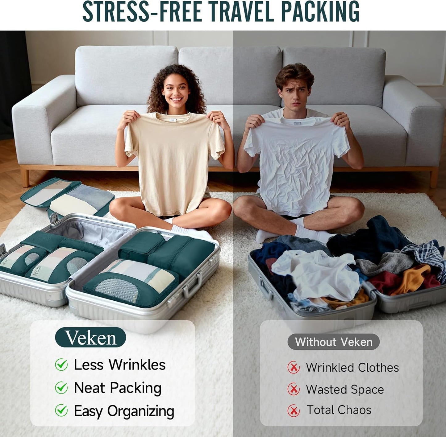 Veken 10 Set Packing Cubes for Travel Essentials, Suitcase Organizer Bags in 4 Sizes, Carry-On Luggage Accessories with Laundry Bag, Airplane Must Have, Gifts for Women Men