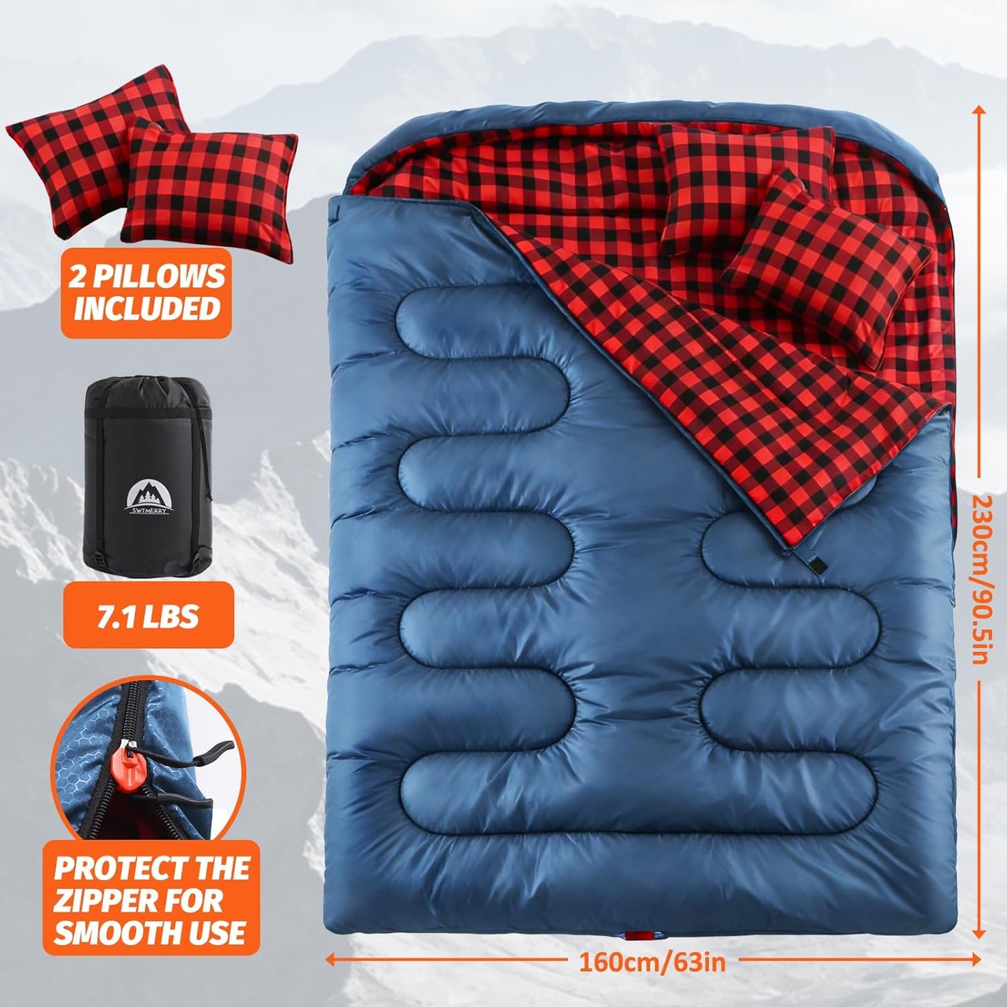 Swtmerry Double Sleeping Bag for Adults with 2 Pillows, Big&Tall XL Queen Size Sleeping Bag for 2 Person, Waterproof 2 Person Sleeping Bags for 3 Seasons,Cold Weather&Warm,Camping,Hiking & Backpacking