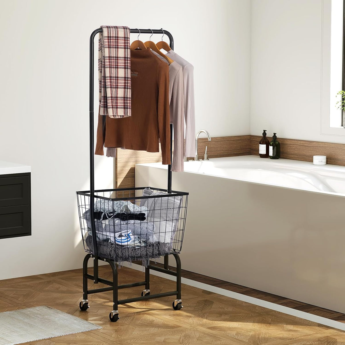 ALIMORDEN Laundry Cart with Clothes Rack, Rolling Laundry Cart with Wheels, Extra Large Basket, Black