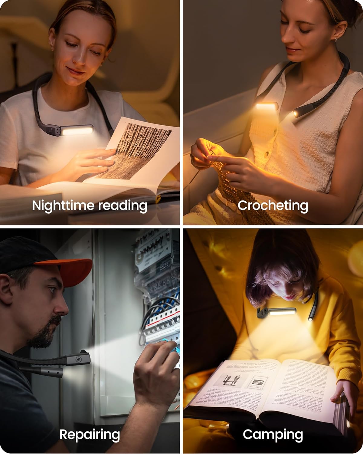 Glocusent Bendable Neck Light, 100Hrs Long Lasting Rechargeable Book Light, 5 Colors & Stepless Dimming Reading Light - Perfect Book Lights for Reading at Night, Knitting, Book Lovers Gifts