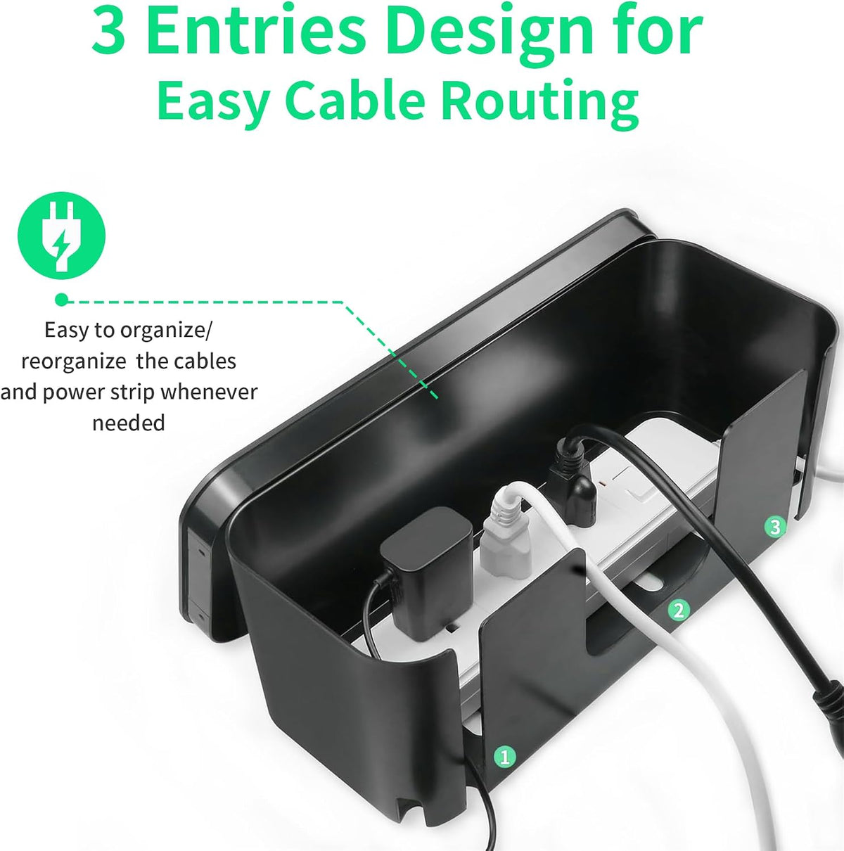 Cord Organizer Box, Cable Hider for Power Strips, Surge Protector, Extension Cord and Wire Management, Cable Management Box (2PCS/Large and Medium Size/Black)