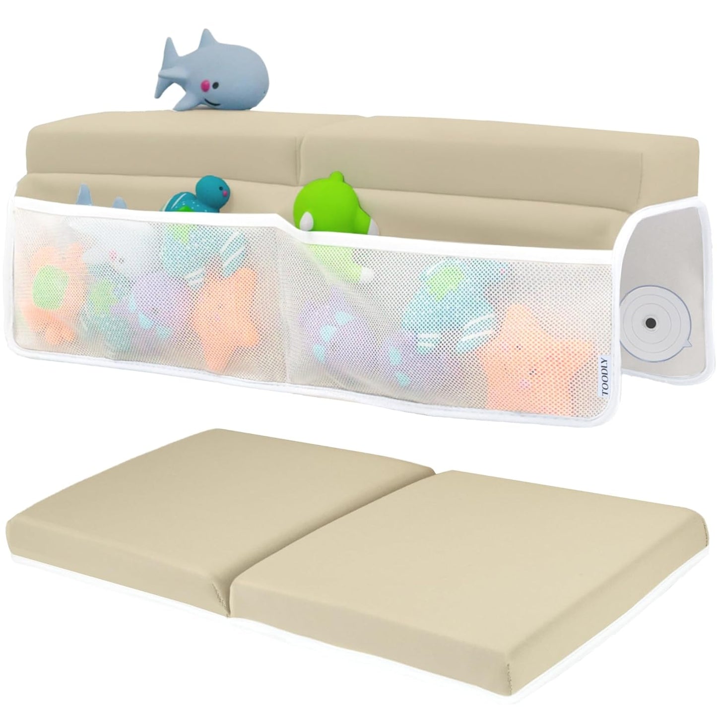 Comfortable Baby Bath Kneeler and Elbow Rest Pad Set – Thick Memory Foam Bath Kneeling Pad with Elbow Support – Baby Bathtub Cushion with Toy Organizer for Bathing Infant or Toddler - Beige