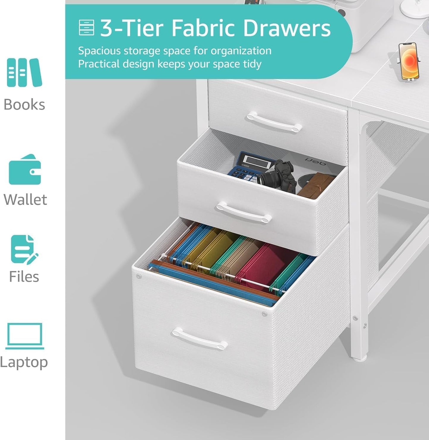 Lufeiya White Computer Desk with Fabric File Drawers Cabinet, 55 Inch Reversible Desks with Storage Filing Cabinet for Home Office, Modern Writing Table PC Desks for Bedroom, White