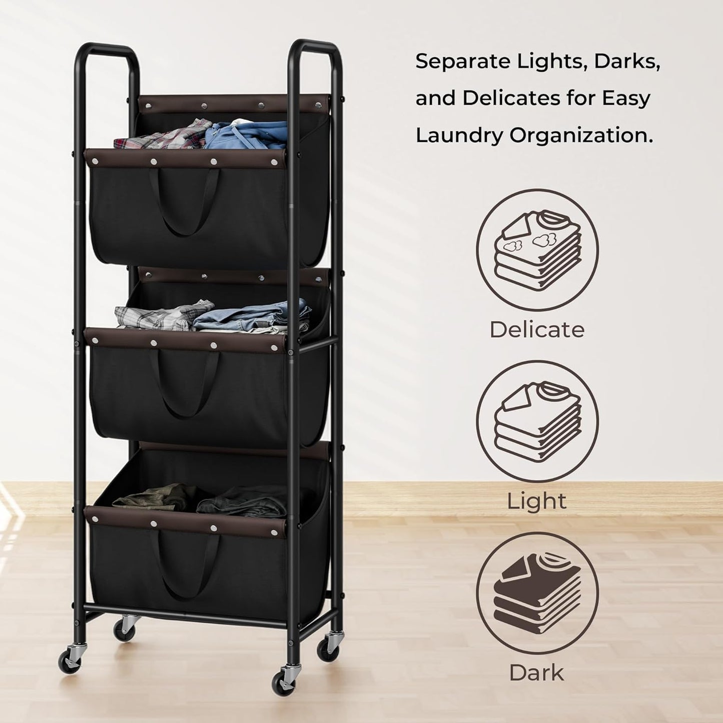GRANNY SAYS 3 Section Tiered Laundry Sorter, Slim Vertical Laundry Hamper with Wheels, Narrow Rolling Laundry Cart with Removable Bags for Laundry Room, Bathroom, Closet, Dorm, Black