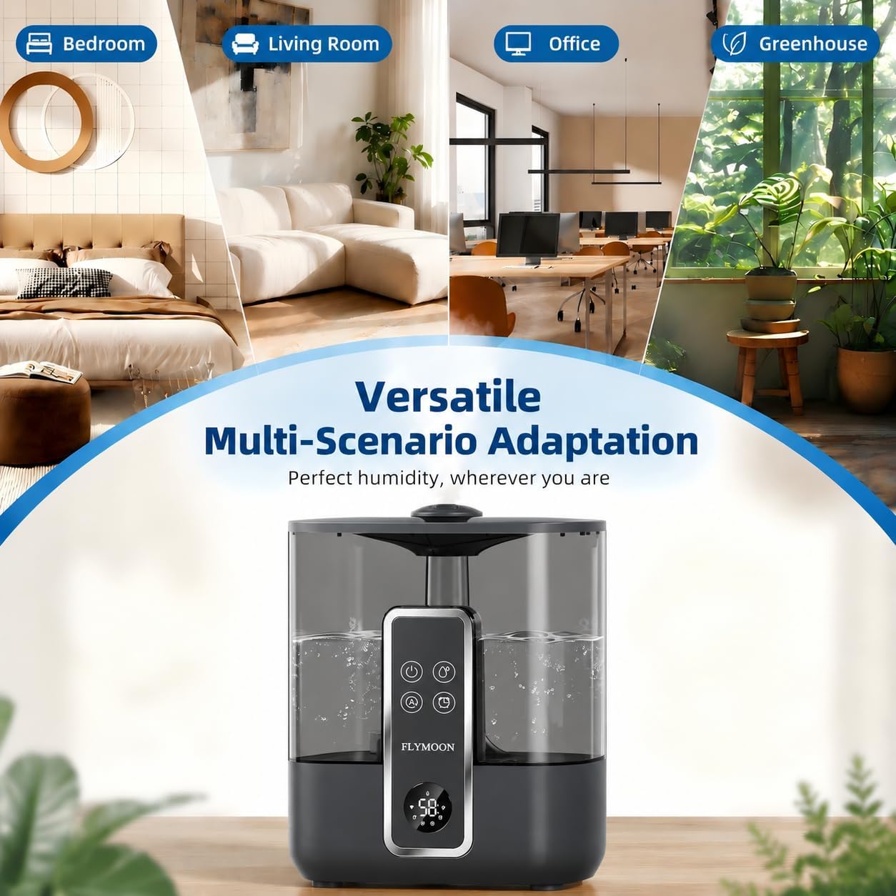 FLYMOON Humidifier for Bedroom, Top Fill 5L Cool Mist Humidifiers with 28dB, Smart Humidifier for Large Room, Plants, Auto-Off, 12H Timer, 50 Hour Runtime,Tuya App Control, Black
