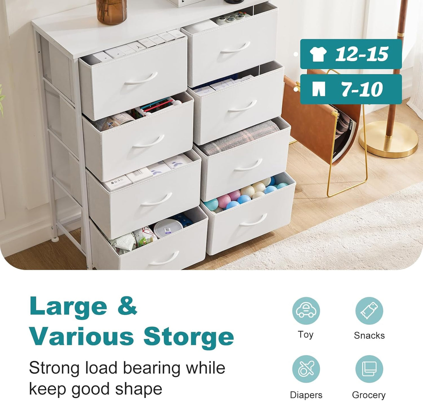 OLIXIS 8 Drawer Storage Dresser with Wood Top - Wide Fabric Chest Organizer for Bedroom, Closet, Living Room,Tower Cabinet, TV Stand, Hallway Entryway Furniture,White