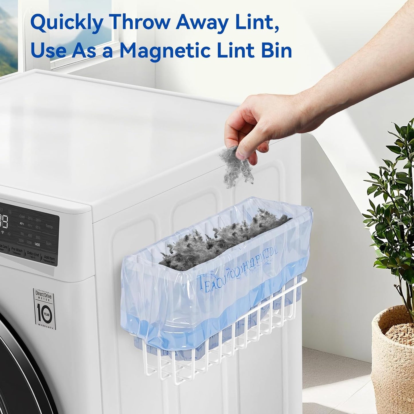 Laundry Room Organization and Storage Magnetic Dryer Ball Holder with Magnetic Hanger Holder, Magnetic Lint Bin for Washer Dryer, Iron Basket Dryer Ball Container, Magnetic Laundry Organizer (White)