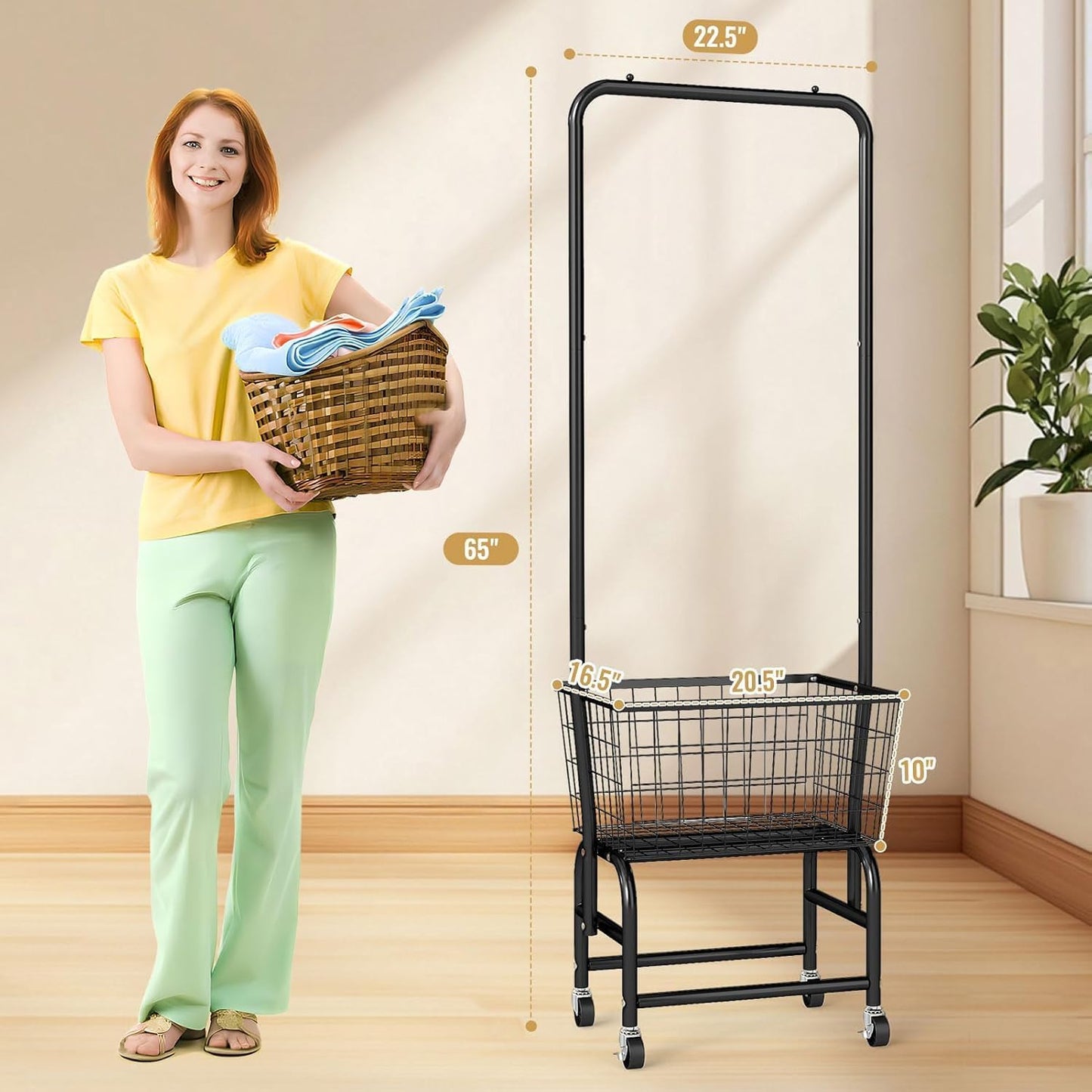 ALIMORDEN Laundry Cart with Clothes Rack, Rolling Laundry Butler with Wire Storage Rack，Black
