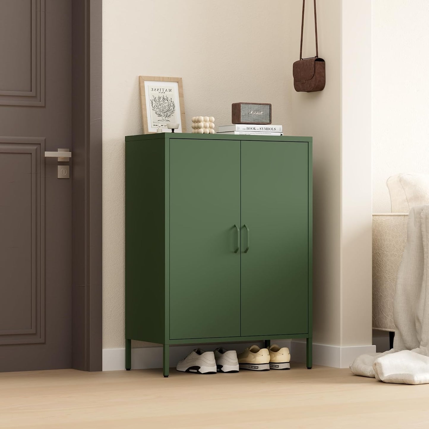 Metal Locker Storage Cabinet, Accent Sideboard Cabinet with Adjustable Shelves for Home Office, Garage, Kitchen, Living Room (Green, 40" H-Metal Doors)