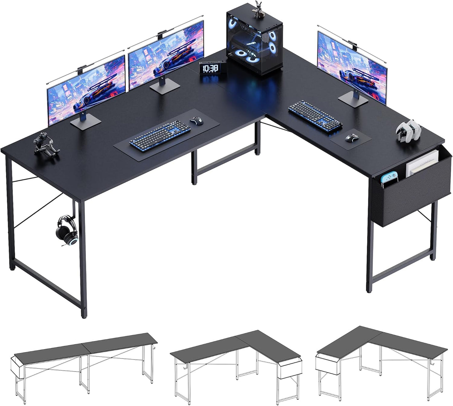 Pamray 64.5 Inch Reversible L Shaped Gaming Desk Large Corner Computer Desk with Storage Bag Home Office Table for Writing Study Black