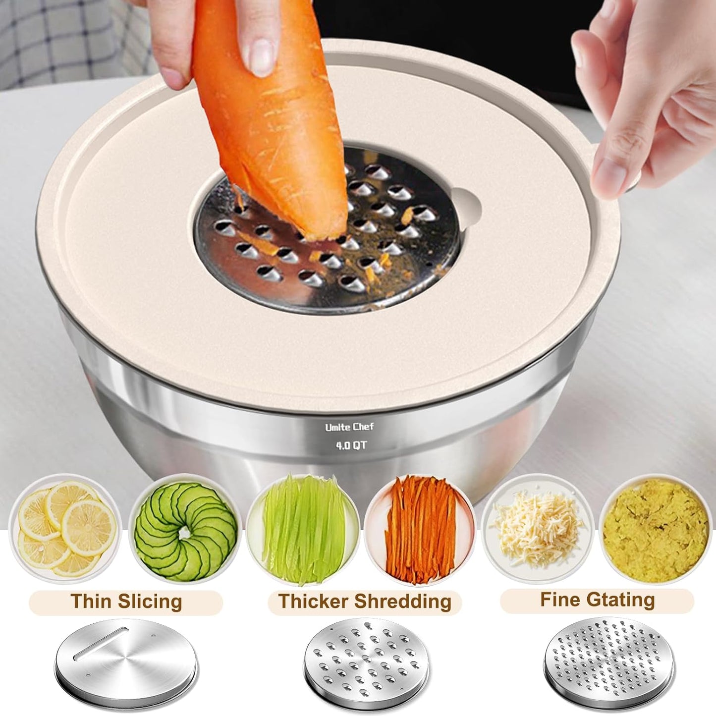 Umite Chef Mixing Bowls with Airtight Lids Set, 8PCS Stainless Steel Nesting Bowls with Grater Attachments, Non-Slip Bottoms, 5, 4, 3.5, 2, 1.5QT for Mixing & Serving