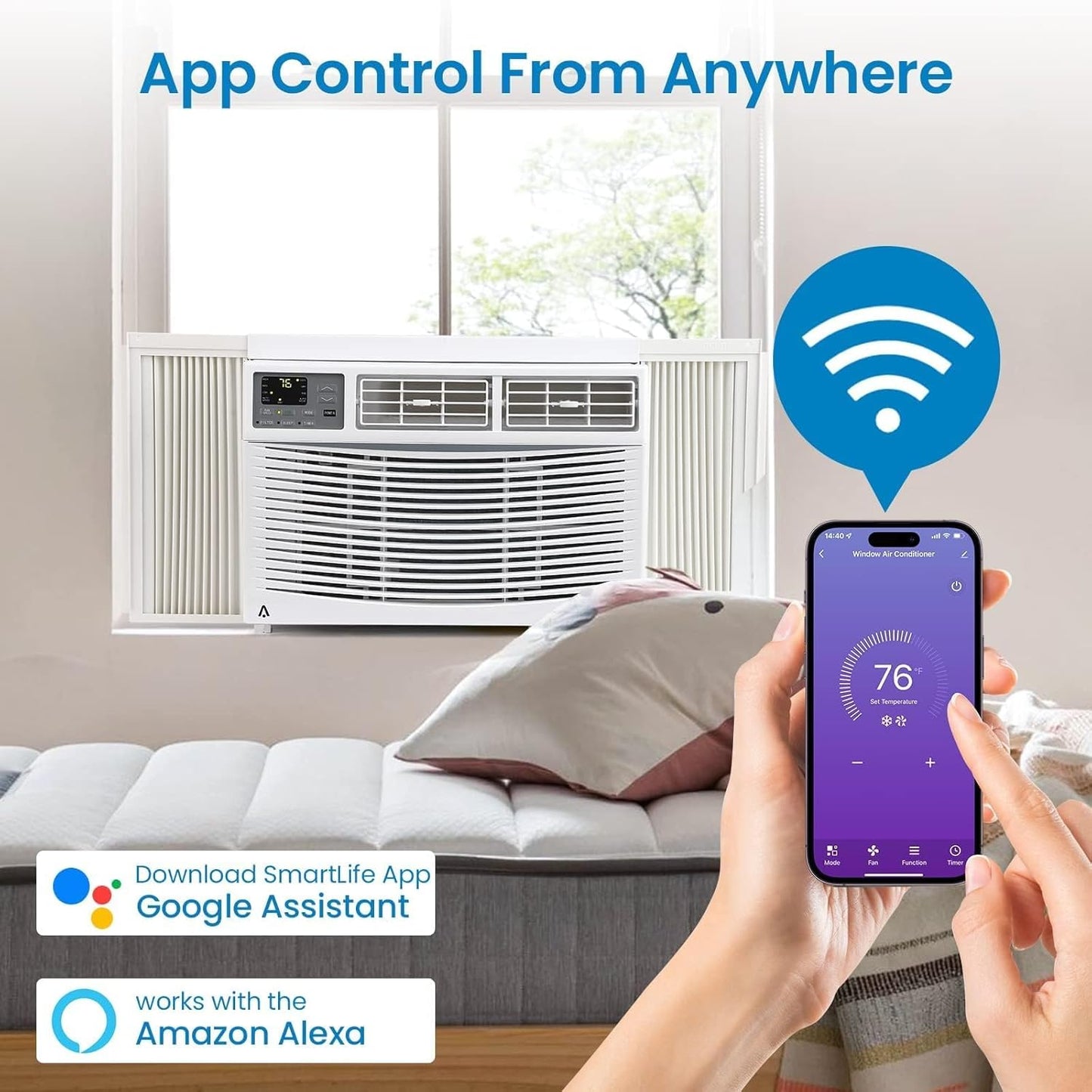 8000 BTU Window Air Conditioner Cools Up to 350 Sq. Ft., 3-In-1 WiFi Window AC Unit With Remote Control and Window Kit, Quiet Smart Room Air Conditioner for Home Office Dorms