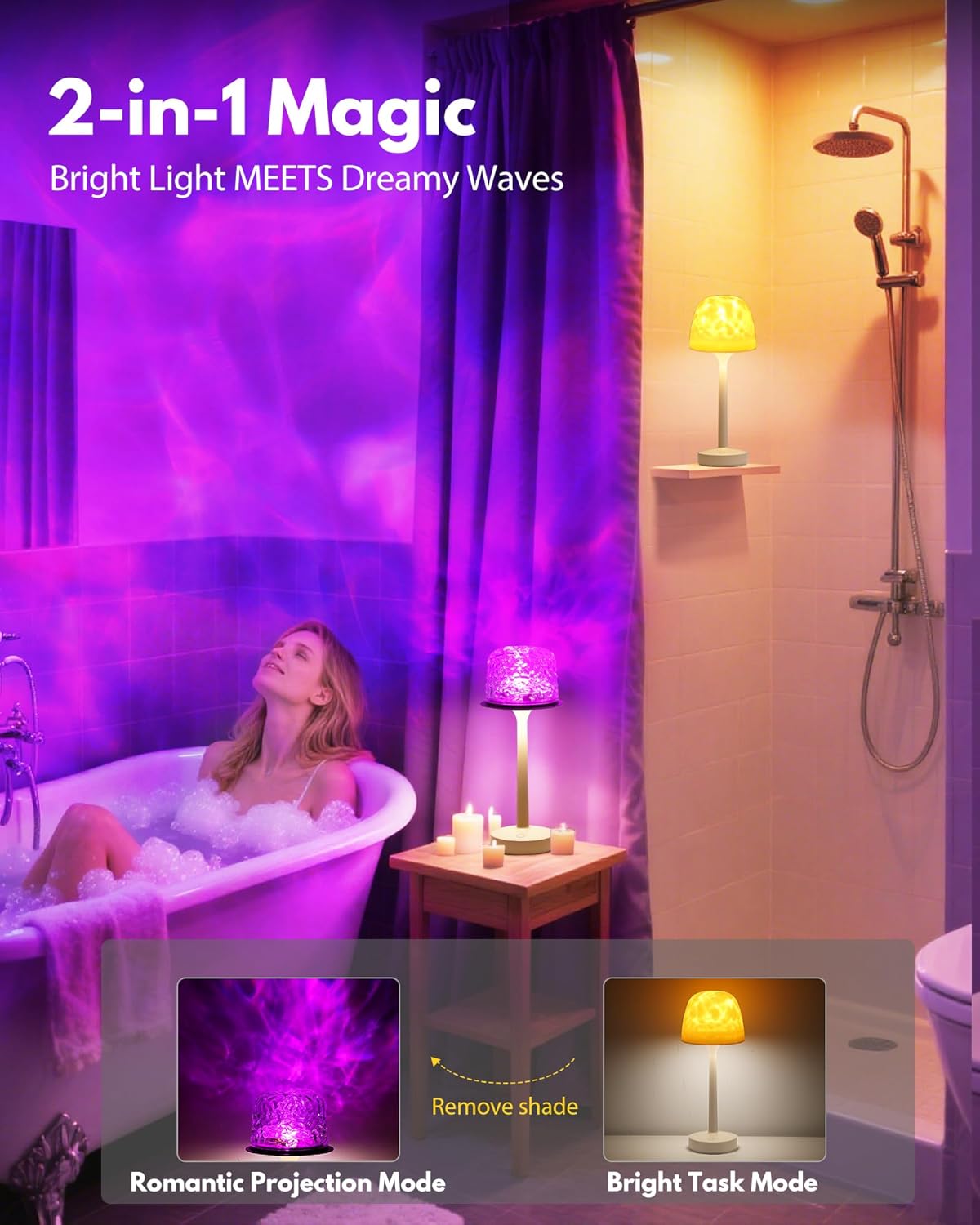 Shower Lamp - Waterproof Bathroom Lamp with 16 Color Ocean Wave Projector, Rechargeable Shower Light with Touch & Remote Control, Cordless Light for Inside Shower/Bathtub