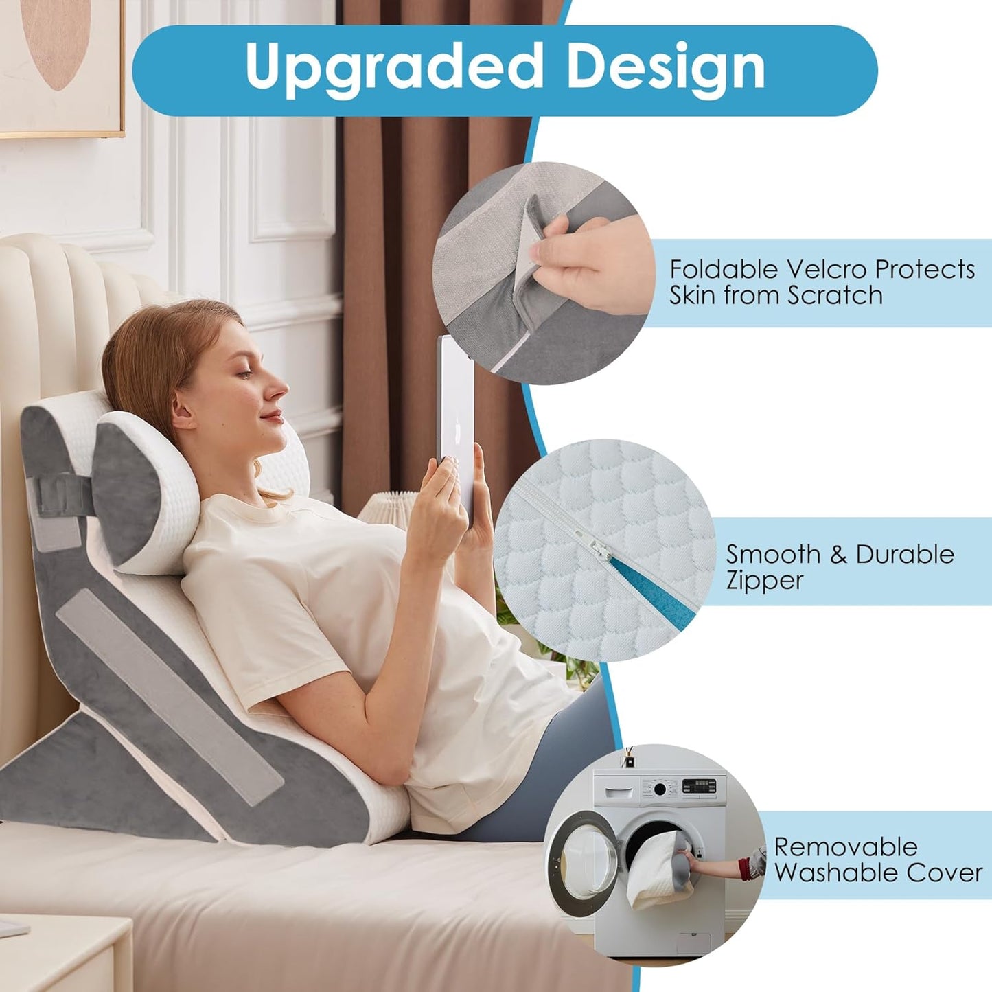 MEGCXIT 3PCS Bed Wedge Pillow for Headboard, Adjustable Wedge Pillow for Sleep Apnea, 23” Wide Triangle Pillow Wedge Set for After Surgery, Acid Reflux Relief, Snoring, Neck&Back Support, White/Grey