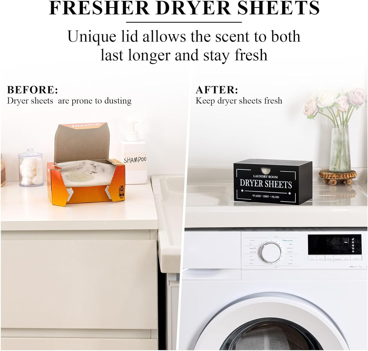 HouseJoy Dryer Sheet Holder-Black Dryer Sheet Container with Lid,Wooden Laundry Room Organization and Storage,Rustic Farmhouse Dryer Sheet Dispenser for Laundry Room Decor,Fabric Softener Containers