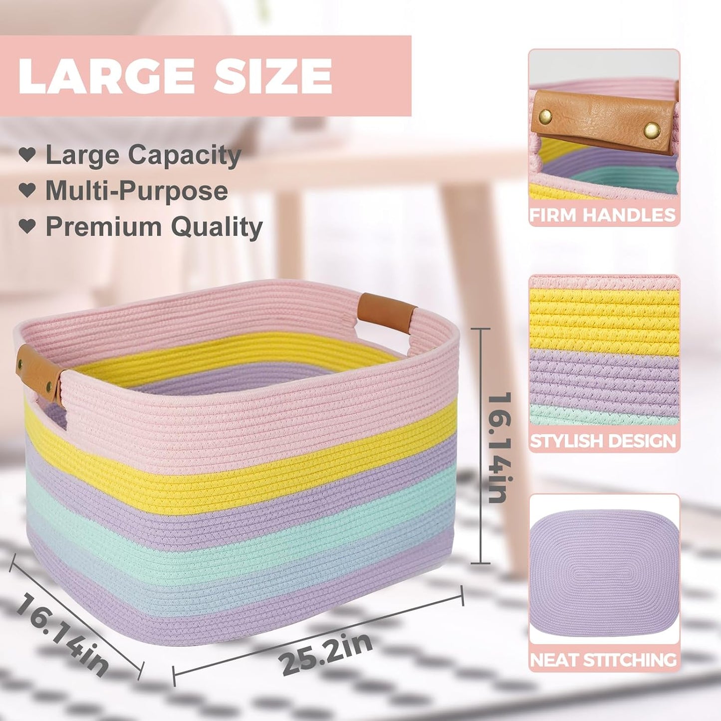danpinera Large Laundry Basket, 108L Rectangle Woven Baskets for Storage for Living Room, Laundry, Nursery, Pillows, Baby Toy chest, Blanket Storage with Leather Handle, 25’’*16’’*16’’ Rainbow