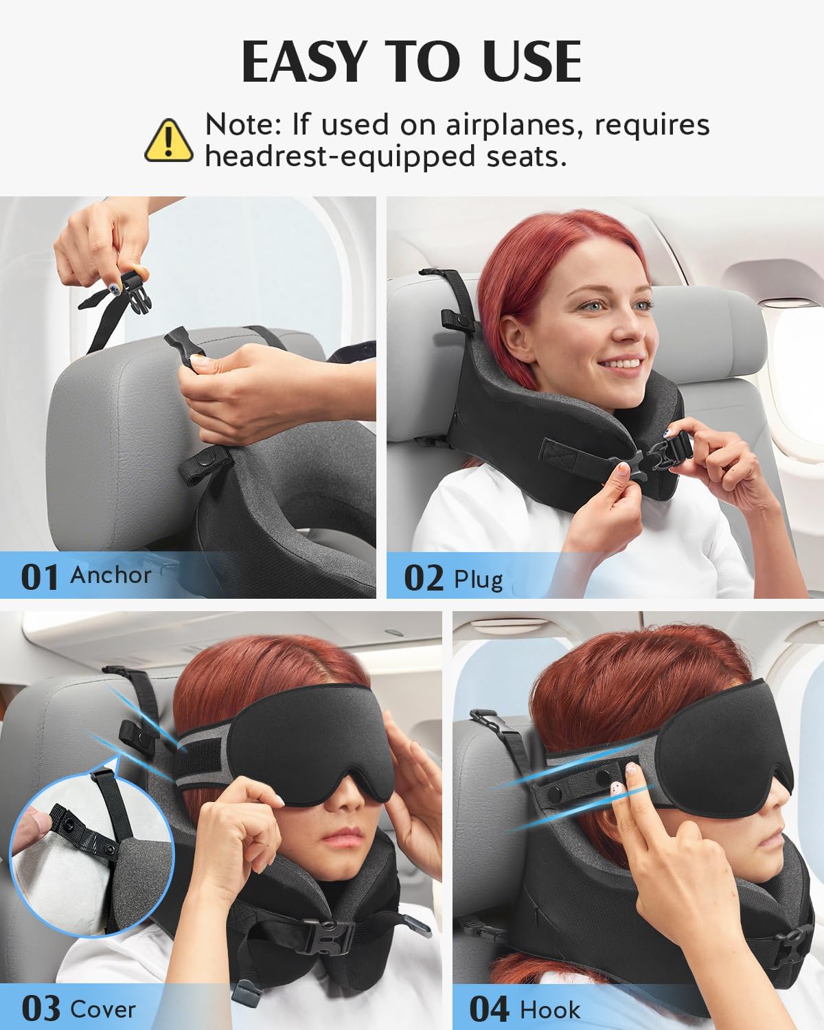 YFONG Travel Pillow for Long Flight Airplane, Head Strap Combo with 3D Contoured Sleep Eye Mask, Neck Pillow for Travel Essential, 360° Support Memory Foam Headrest, Prevent Bobbing, Drawstrap - Black