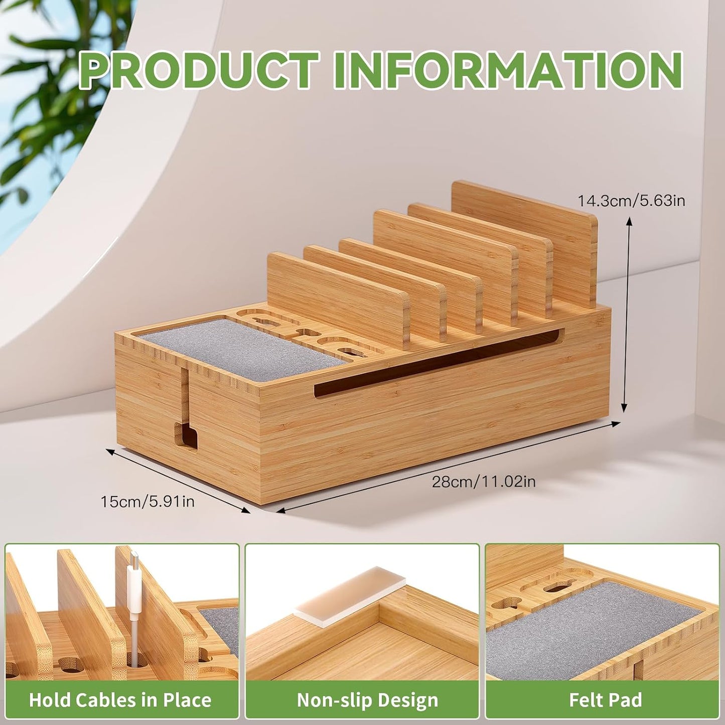 Pezin & Hulin Cell Phone Charging Station for Multi Devices-Natural Bamboo | All in One Desktop Charger Organizer, with Power USB Charge Adapter and 6 Cables, Use As Power Strip Hidden Box