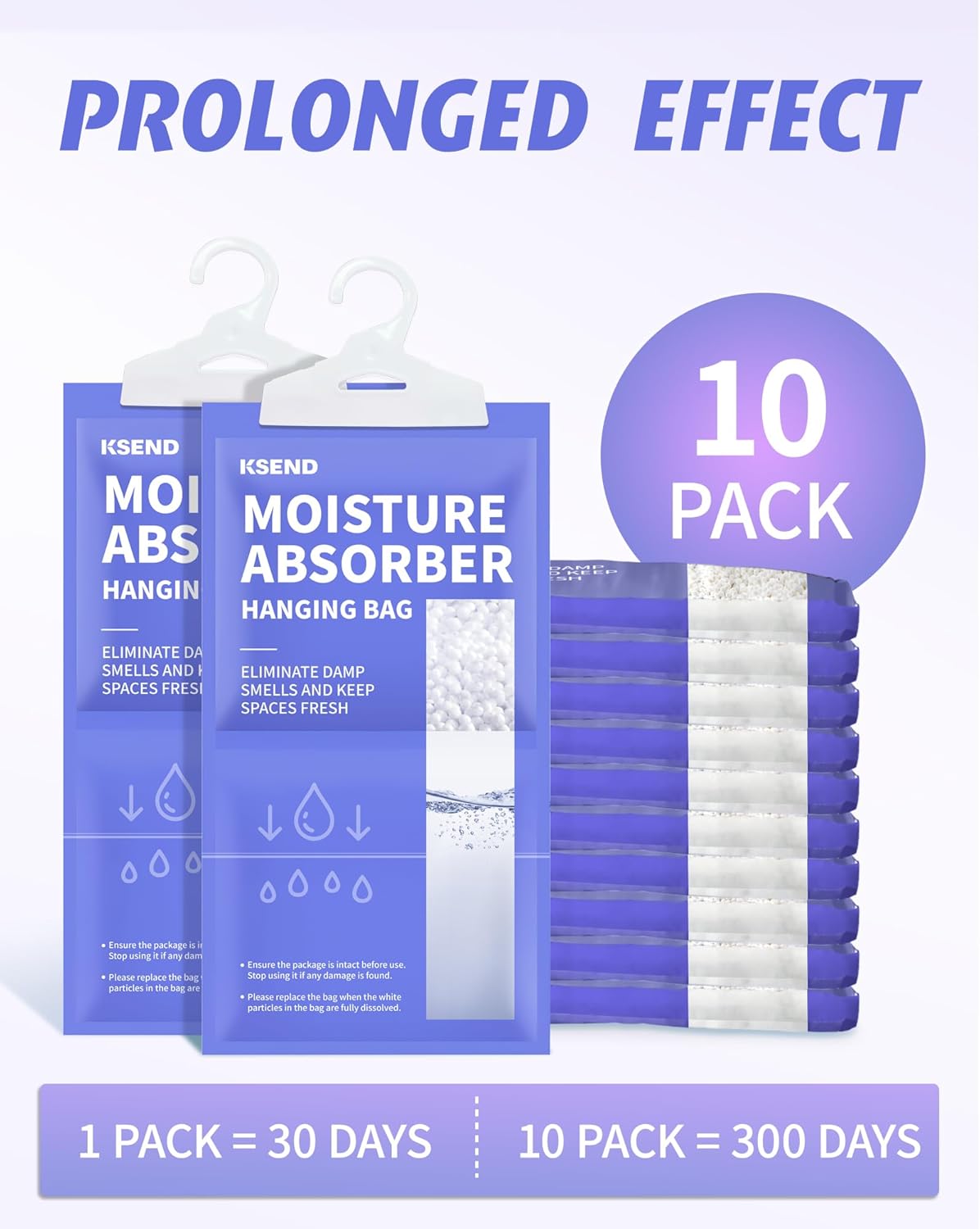 Ksend Moisture Absorbers 10 Pack, 9.8 Oz Compact Dehumidifier Bags & Packs, Moisture Hanging Bag, Humidity Absorbers, Closet Deodorizer Against Musty Odors, 11.8'' x 6.3''