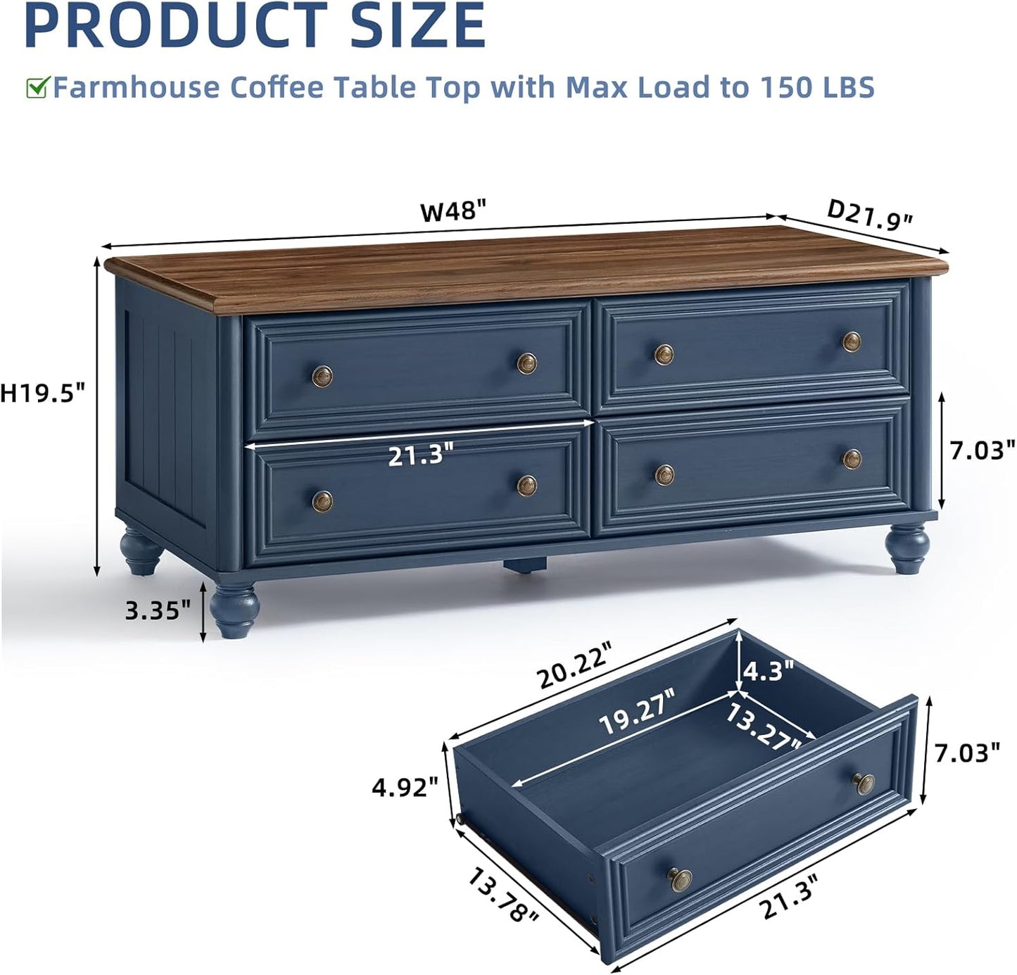 RWYHG 48" Farmhouse Blue Coffee Table, Center Table with 4 Drawers | High Capacity Hidden Storage, Smooth Roman Column Handles & Drawers, Solid Wood Sturdy Curved Legs, for Living Room,Office
