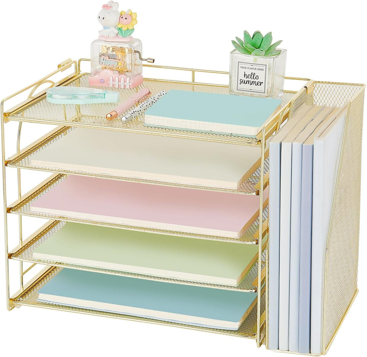 AUPSEN Rose Gold Desk Organizers and Accessories, 5-Tier Desktop Paper File Organizer with Removable File Holder, Desk Accessories & Workspace Organization for Home Office Supplies (Rose Gold)