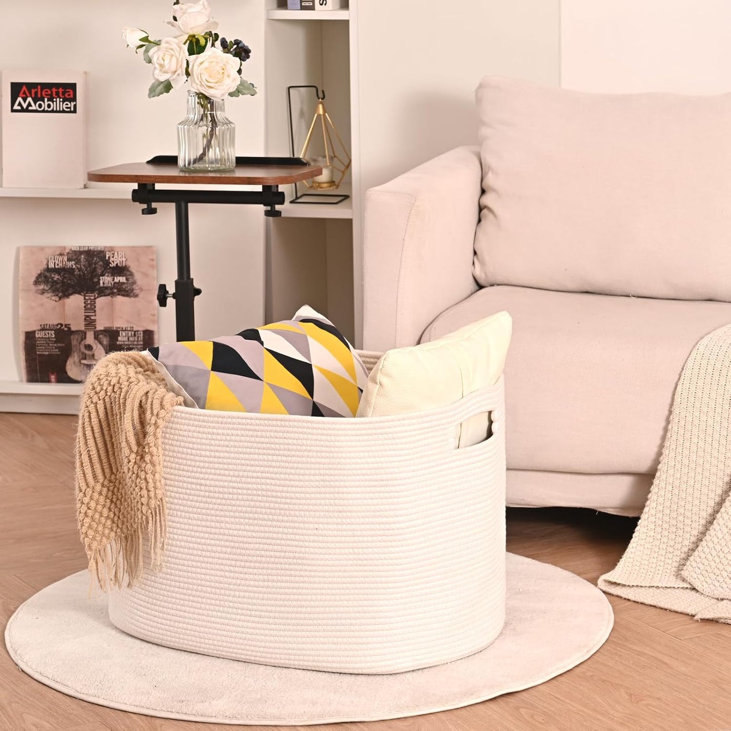 ICERZCZ White Laundry Basket, Blanket Baskets for Living Room, Cotton Rope Baskets for Storage, Woven Basket for Blankets, Toys, Clothes, Shoes, White, 25”x16”x16” (105L)