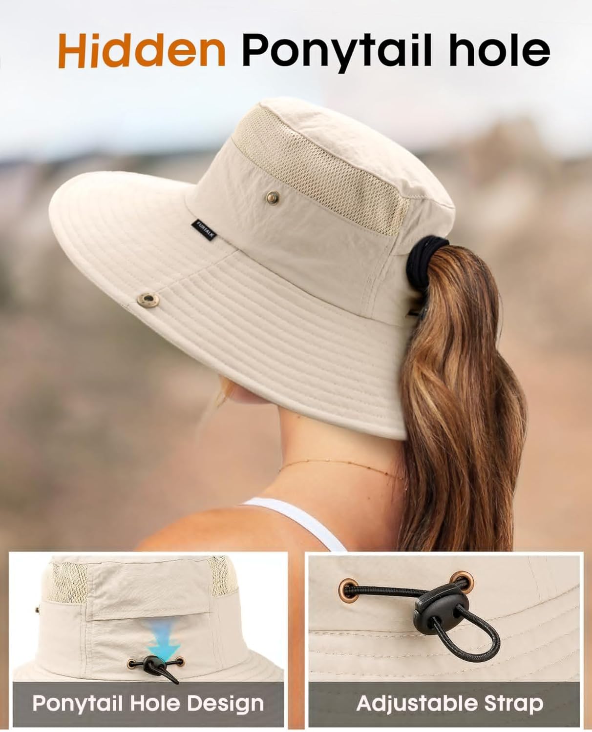 FURTALK Sun Hats for Women with Ponytail Hole Beach Hiking Summer Wide Brim Outdoor UV Protection Packable Bucket Safari Hat