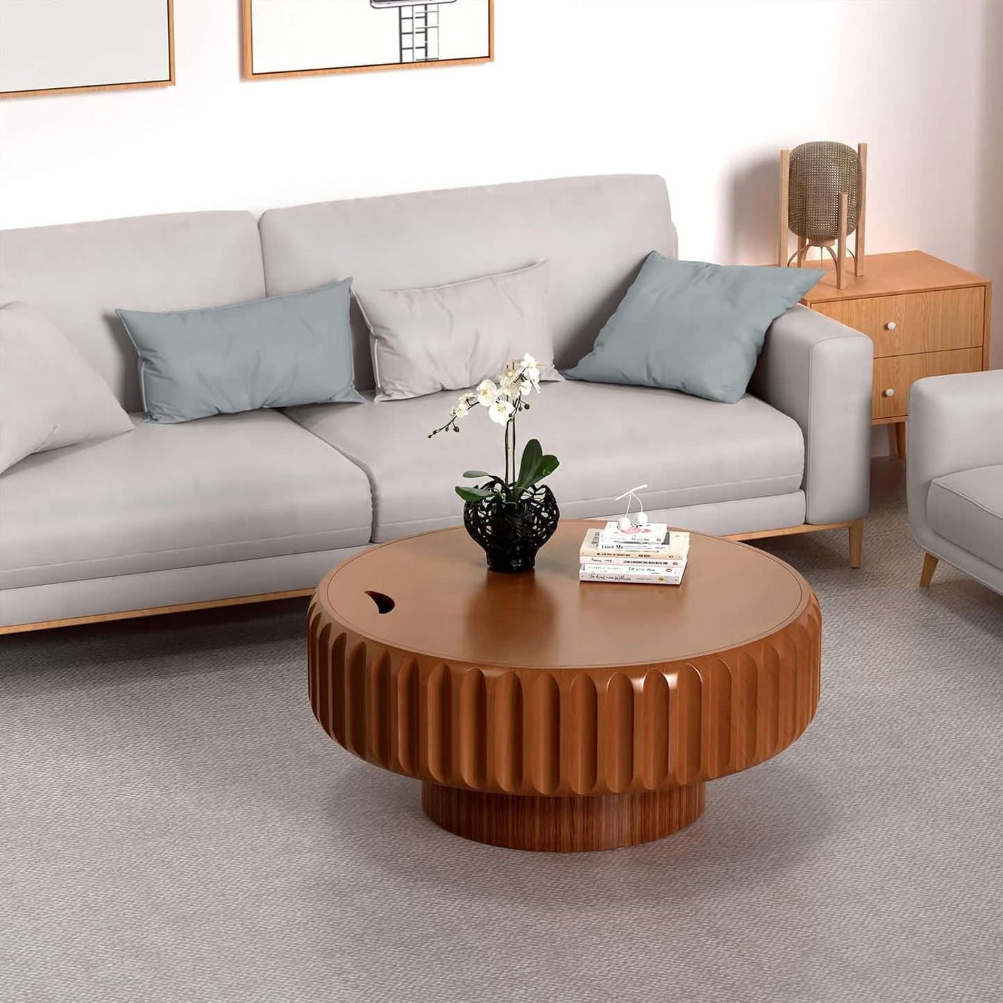 31.5 in Brown Round Drum Coffee Table with Storage | Modern Round Fluted Storage Center Table Handcrafted Solid Wood Fluted Edge, Cylindrical Base For Living Room, Apartment